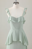 Light Green A-Line Ruffle Tiered Chiffon Corset Long Bridesmaid Dress