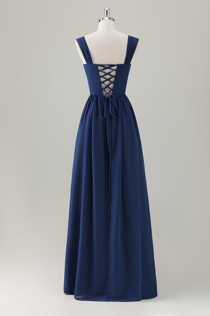 ZAPAKA Women Dark Blue Bridesmaid Dress with Lace Up Back A-Line Square