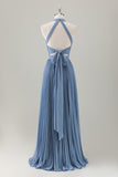 Grey Blue A-Line Halter Long Bridesmaid Dress with Slit