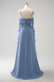 Grey Blue A-Line Spaghetti Straps Chiffon Long Bridesmaid Dress with Slit