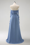 Grey Blue A-Line Spaghetti Straps Chiffon Long Bridesmaid Dress with Slit