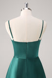 Dark Green A-Line Spaghetti Straps Satin Ruched Long Bridesmaid Dress