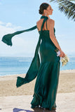 Dark Green Halter Satin Mermaid Bridesmaid Dress with Streamer