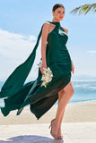 Dark Green Mermaid Halter Satin Long Bridesmaid Dress with Streamer