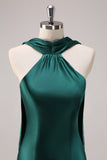 Dark Green Halter Satin Mermaid Bridesmaid Dress