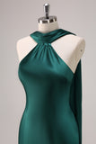 Dark Green Halter Satin Mermaid Bridesmaid Dress with Streamer