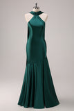 Dark Green Halter Satin Mermaid Bridesmaid Dress with Streamer