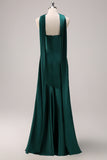 Dark Green Halter Satin Mermaid Bridesmaid Dress with Streamer