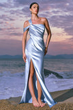 Elegant Sky Blue Sheath Pleated Satin Long Bridesmaid Dress With Slit