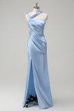 Elegant Sky Blue Sheath Pleated Satin Long Bridesmaid Dress With Slit