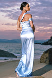 Elegant Sky Blue Sheath Pleated Satin Long Bridesmaid Dress With Slit