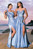 Elegant Sky Blue Sheath Pleated Satin Long Bridesmaid Dress With Slit