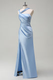 Elegant Sky Blue Sheath Pleated Satin Long Bridesmaid Dress With Slit