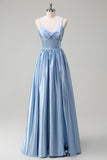 Sky Blue Spaghetti Straps A-Line Long Bridesmaid Dress