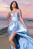 Sky Blue A-Line Spaghetti Straps Ruched Split Long Bridesmaid Dress with Lace Up Back