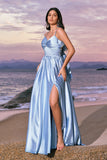 Sky Blue A-Line Spaghetti Straps Ruched Split Long Bridesmaid Dress with Lace Up Back