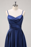 Navy A-Line Ruched Spaghetti Straps Tea Length Bridesmaid Dress