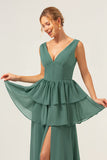 Eucalyptus A Line V Neck Corset Tiered Long Bridesmaid Dress with Slit