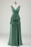 Eucalyptus A Line V-Neck Ruffled Long Bridesmaid Dress with Slit