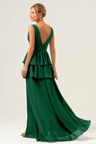 Eucalyptus A Line V Neck Corset Tiered Long Bridesmaid Dress with Slit