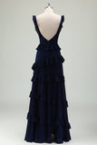 Black Chiffon A Line Spaghetti Straps Tiered Bridesmaid Dress