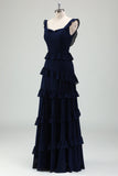 Black Chiffon A Line Spaghetti Straps Tiered Bridesmaid Dress