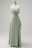 Light Green Mermaid Off the Shoulder Ruffled Bridesmaid Dress with Slit