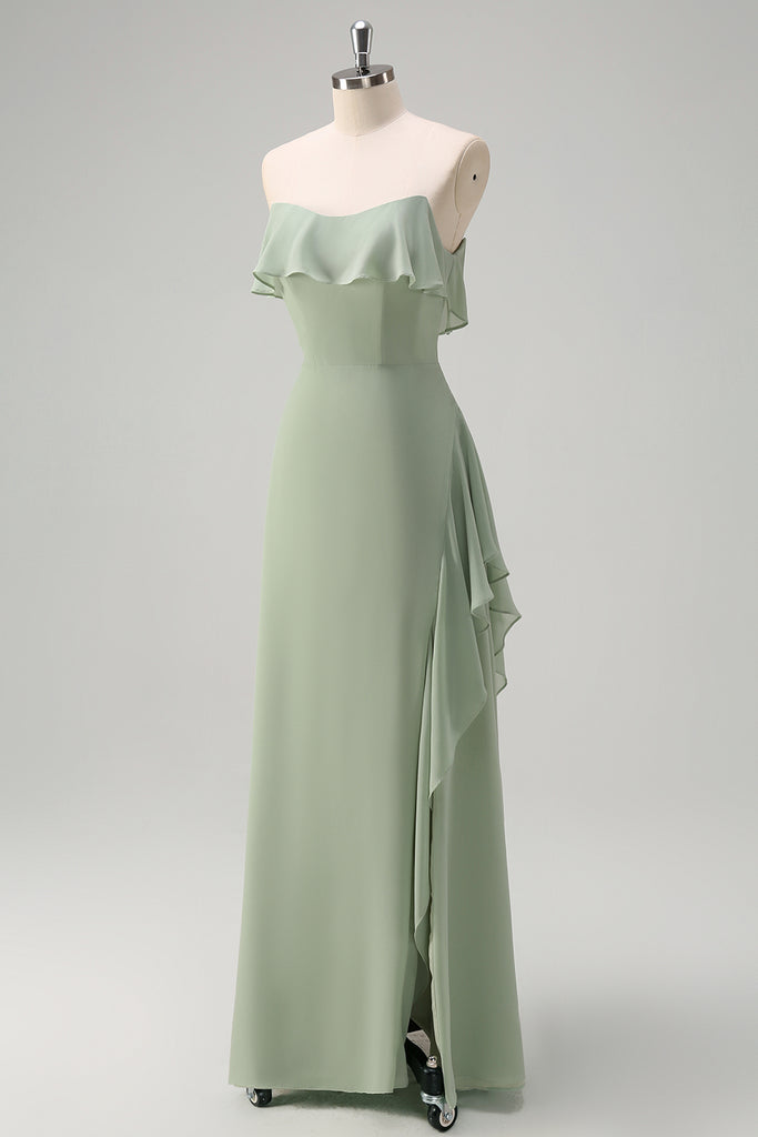 Green Mermaid Floral Chiffon Long Ruffled Bridesmaid Dress with Lace