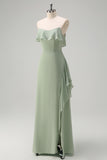 Light Green Mermaid Off the Shoulder Ruffled Bridesmaid Dress with Slit