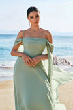 Light Green Cold Shoulder Detachable Sleeves Chiffon Bridesmaid Dress