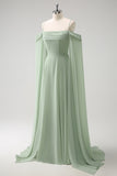 Light Green Cold Shoulder Detachable Sleeves Chiffon Bridesmaid Dress