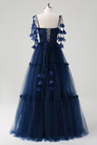 Navy A-Line Spaghetti Straps Flowers Corset Ruffles Tulle Long Bridesmaid Dress