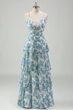 Sky Blue A-Line Spaghetti Straps Tiered Chiffon Bridesmaid Dress