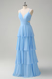 Sky Blue A-Line Spaghetti Straps Tiered Chiffon Bridesmaid Dress