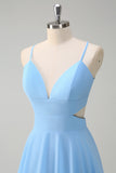 Sky Blue A-Line Spaghetti Straps Tiered Chiffon Bridesmaid Dress