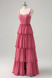 Tiered Dusty Rose A Line Long Bridesmaid Dress with Slit