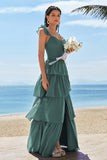 Eucalyptus A-Line Corset Tiered Long Bridesmaid Dress with Ruffle Slit