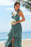 Eucalyptus A-Line Corset Tiered Long Bridesmaid Dress with Ruffle Slit