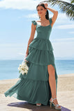 Eucalyptus A Line Corset Tiered Long Bridesmaid Dress with Slit