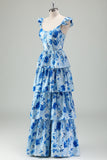 Blue Floral A Line Corset Tiered Long Bridesmaid Dress with Slit