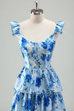 Blue Floral A Line Corset Tiered Long Bridesmaid Dress with Slit