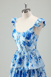 Blue Floral A Line Corset Tiered Long Bridesmaid Dress with Slit