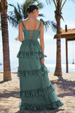 Eucalyptus A-Line Bow Tie Straps Corset Chiffon Long Bridesmaid Dress with Slit