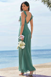 Eucalyptus A-Line Spaghetti Straps Chiffon Long Bridesmaid Dress with Slit