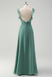 Eucalyptus Chiffon A Line Spaghetti Straps Long Bridesmaid Dress with Slit