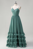 Eucalyptus A-Line Corset Ruffled Chiffon Long Bridesmaid Dress with Slit