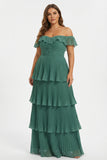 Eucalyptus Pleated Tiered Off the Shoulder A Line Long Plus Size Bridesmaid Dress
