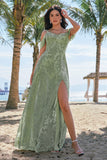 Dusty Sage Cold Shoulder A-Line Jacquard Long Bridesmaid Dress with Slit