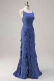 Dark Blue Bodycon Spaghetti Straps Long Bridesmaid Dress with Ruffles Slit