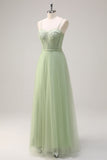 Sage A Line Spaghetti Straps Corset Long Tulle Bridesmaid Dress